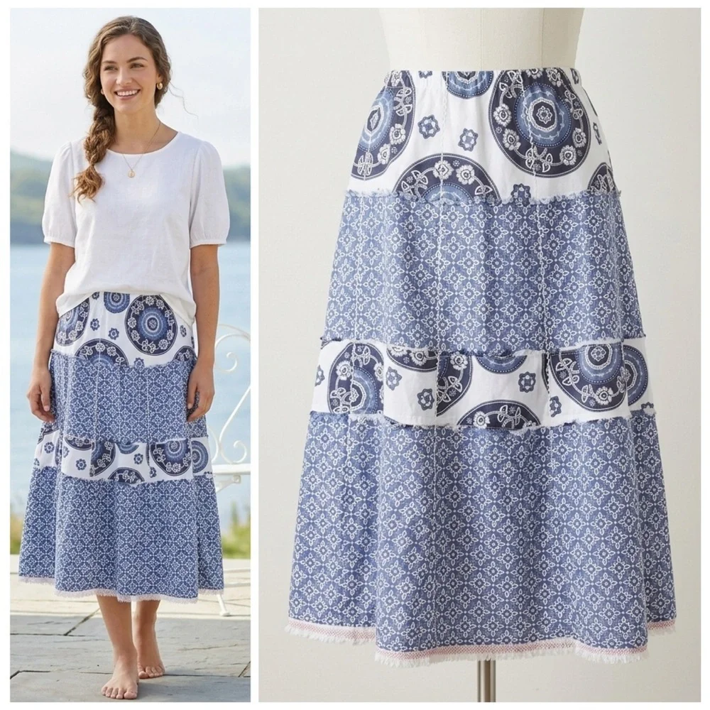 Eddie Bauer Y2K Blue White Paisley Tiered Maxi Skirt 100% Cotton Lined 10 Petite